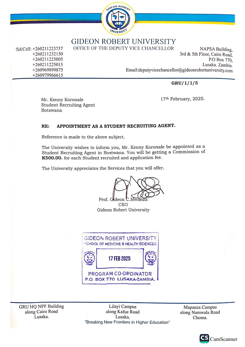 BOTSWANA OFFICIAL STUDENT  RECRUITING AGENT FOR GIDEON ROBERT UNIVERSITY