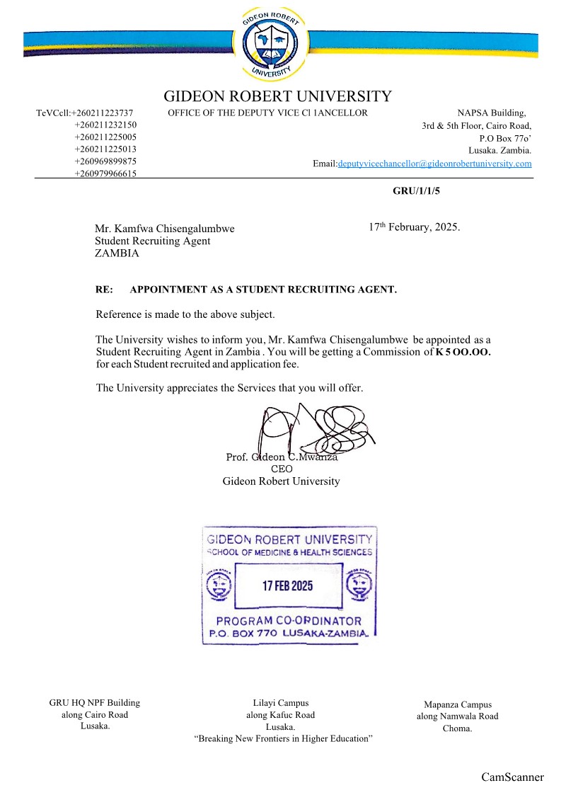 OFFICIAL ZAMBIA RECRUITING AGENT: GIDEON ROBERT UNIVERSITY